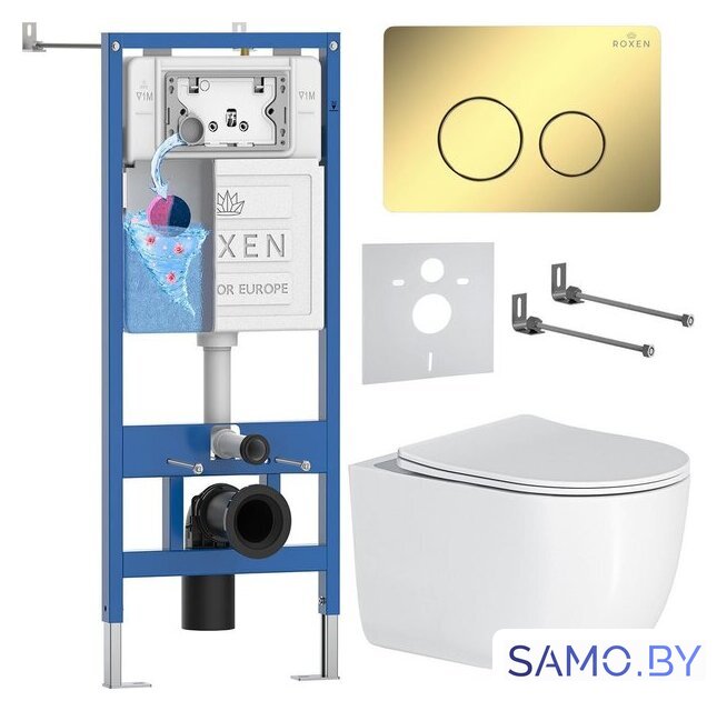 Унитаз подвесной Roxen Vortex Tornado в комплекте с инсталляцией StounFix Dual Fresh 6 в 1 868476 (кнопка: золото глянцевая) - Изображение №1 — Интернет-магазин samo.by
