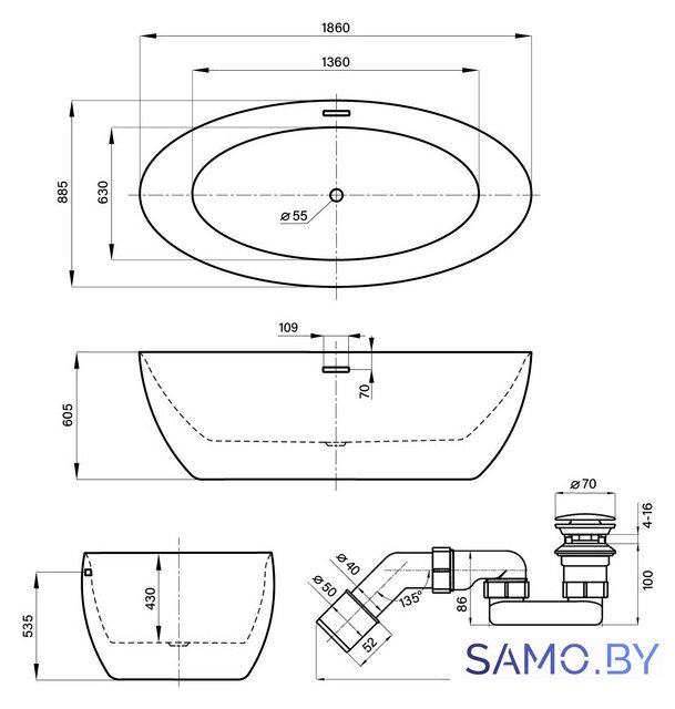 Ванна Wellsee Grand Prix 186x88,5 235601001 (отдельностоящая ванна белый глянец, экран, ножки, сифон-автомат хром) - Изображение №10 — Интернет-магазин samo.by