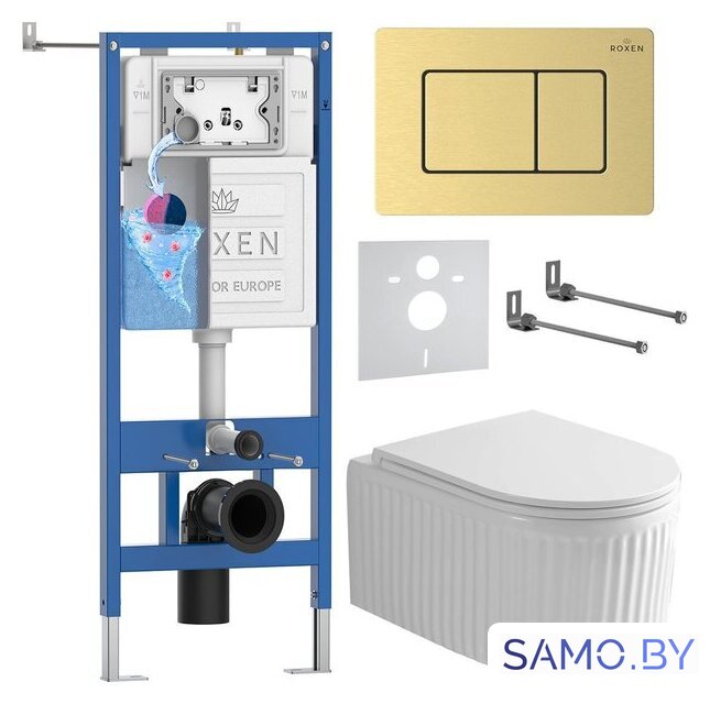 Унитаз подвесной Roxen Royal Matt в комплекте с инсталляцией StounFix Dual Fresh 6 в 1 968299 (кнопка: брашированное золото) - Изображение №1 — Интернет-магазин samo.by
