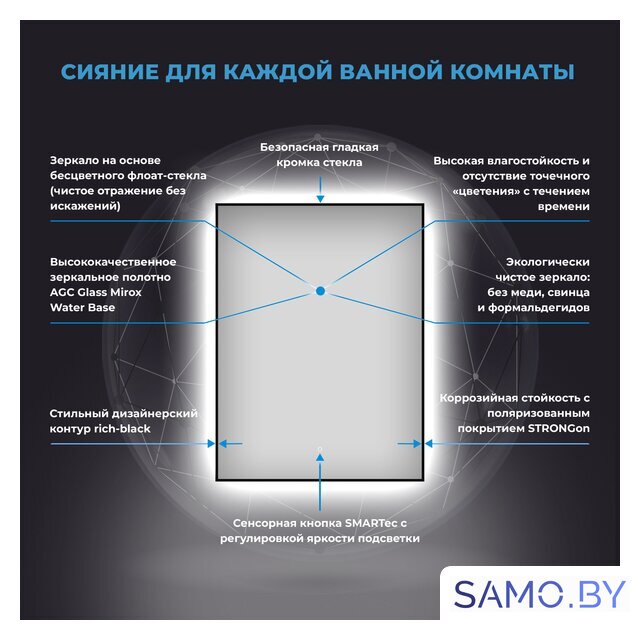  Wellsee Зеркало с фоновой LED-подсветкой 7 Rays' Spectrum 172200840, 50 х 65 см (с сенсором и регулировкой яркости освещения) - Изображение №3 — Интернет-магазин samo.by