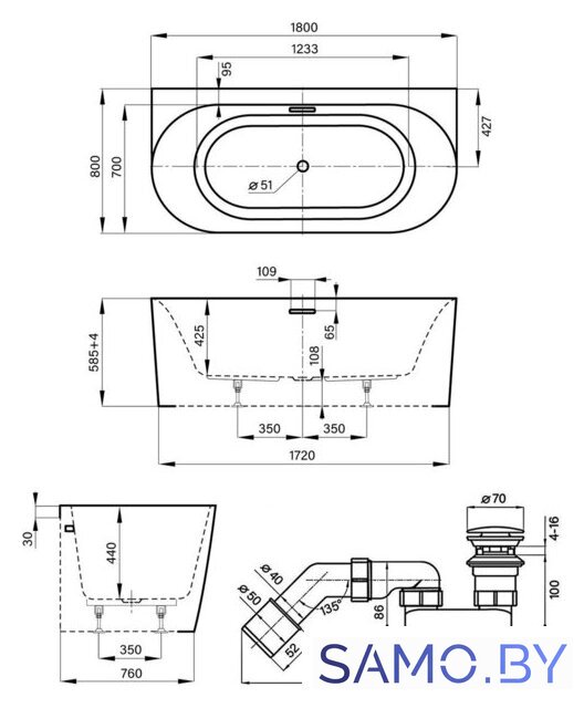 Ванна Wellsee Collaro 180x80 28910204R (пристенная ванна белый глянец, экран, ножки, сифон-автомат золото) - Изображение №10 — Интернет-магазин samo.by