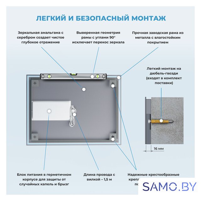  Wellsee Зеркало с фоновой LED-подсветкой 7 Rays' Spectrum 172200830, 60 х 50 см (с сенсором и регулировкой яркости освещения) - Изображение №8 — Интернет-магазин samo.by