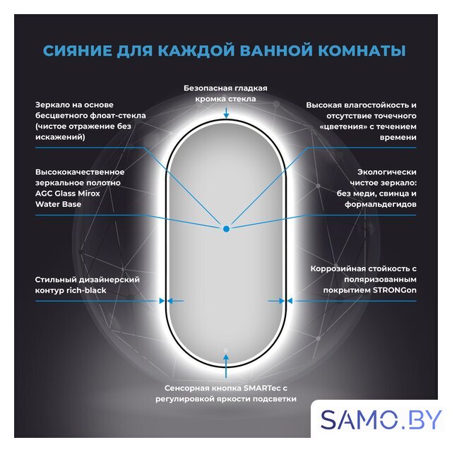  Wellsee Зеркало с фронтальной LED-подсветкой 7 Rays' Spectrum 172201580, 40 х 80 см (с сенсором и регулировкой яркости освещения) - Изображение №3 — Интернет-магазин samo.by