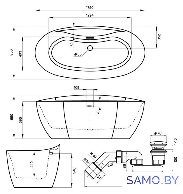 Ванна Wellsee L’aster 175x85 236301004 (отдельностоящая ванна белый глянец, экран, ножки, сифон-автомат золото) - Изображение №10 — Интернет-магазин samo.by