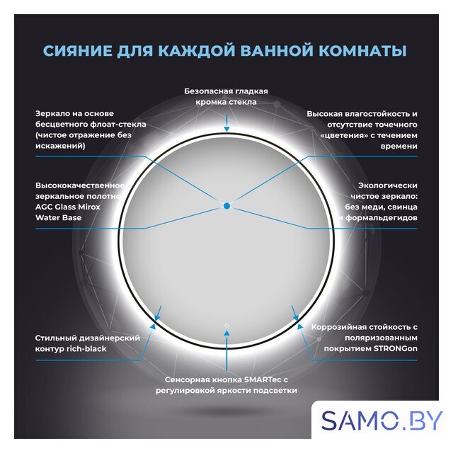 Wellsee Зеркало с фронтальной LED-подсветкой 7 Rays' Spectrum 172200190, 50 х 50 см (с сенсором и регулировкой яркости освещения) - Изображение №3 — Интернет-магазин samo.by