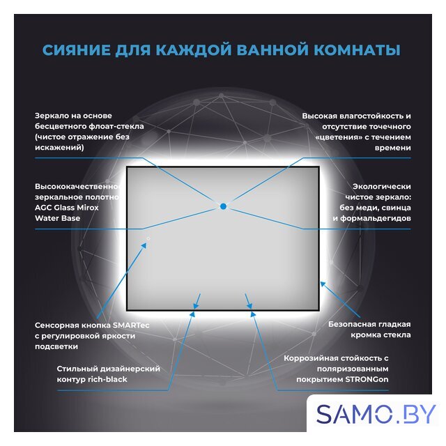 Wellsee Зеркало с фоновой LED-подсветкой 7 Rays' Spectrum 172200790, 60 х 40 см (с сенсором и регулировкой яркости освещения) - Изображение №3 — Интернет-магазин samo.by