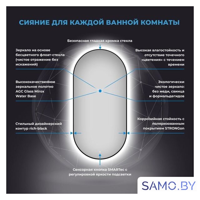  Wellsee Зеркало с фоновой LED-подсветкой 7 Rays' Spectrum 172201910, 55 x 100 см (с сенсором и регулировкой яркости освещения) - Изображение №3 — Интернет-магазин samo.by