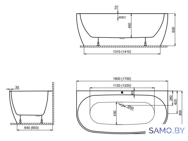 Ванна Polimat Risa 160x80 00478 (черный глянец) - Изображение №2 — Интернет-магазин samo.by