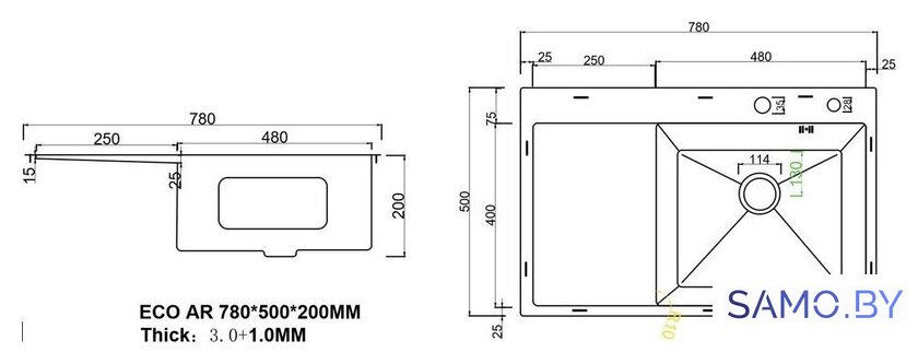 Кухонная мойка ARFEKA ECO AR 780*500 R SATIN - Изображение №3 — Интернет-магазин samo.by